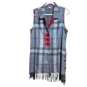 John Mark Vest Womens Large Multicolor Plaid Fringe Hem Boho Sleeveless Cardigan